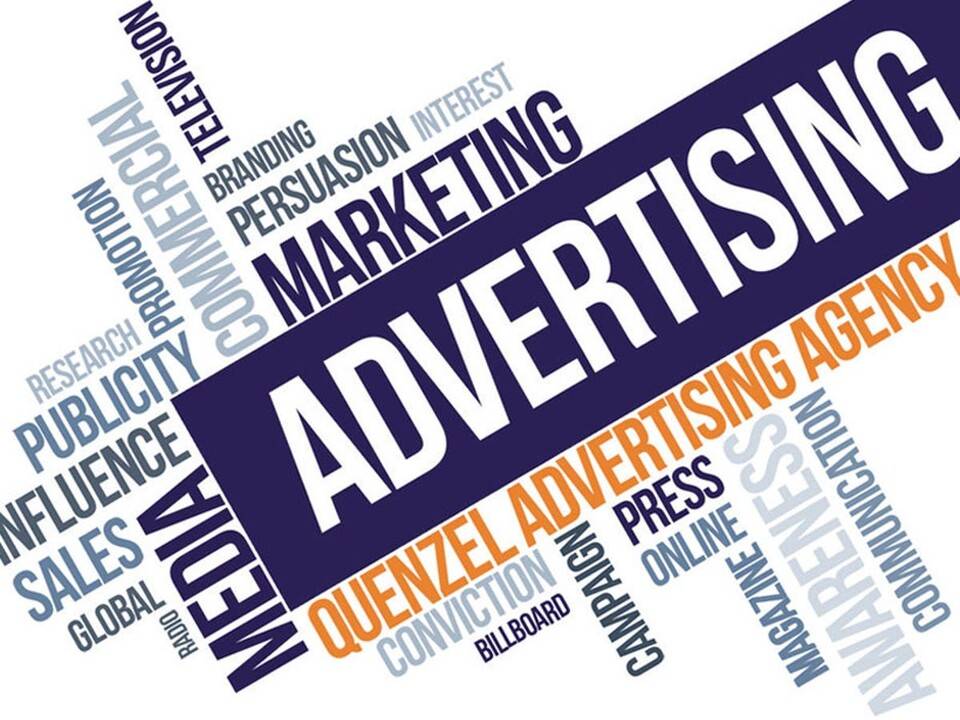 Advertising and marketing word cloud with related terms like media publicity sales and awareness