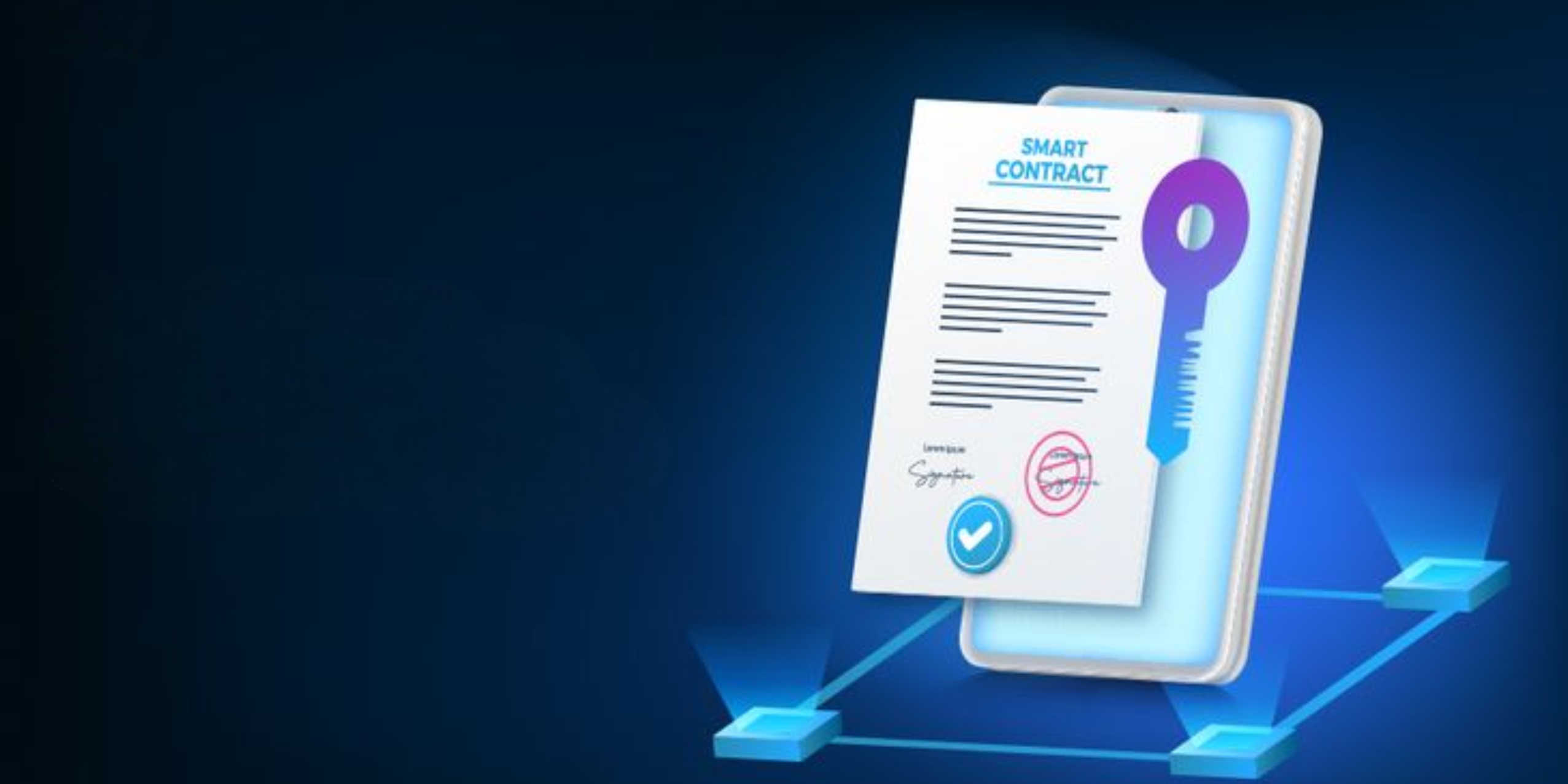 Digital illustration of blockchain smart contract technology on a virtual interface